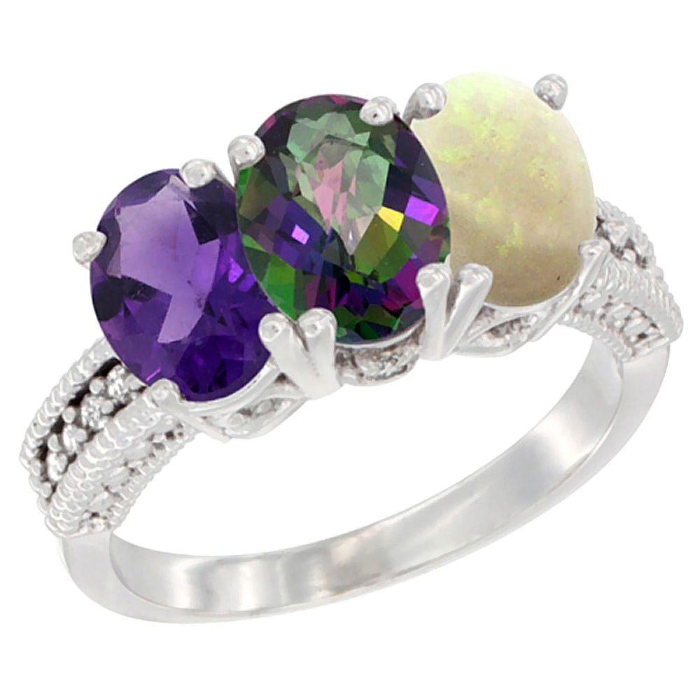 14K White Gold Natural Amethyst, Mystic Topaz & Opal Ring 3-Stone 7x5 mm Oval Diamond Accent, sizes 5 - 10