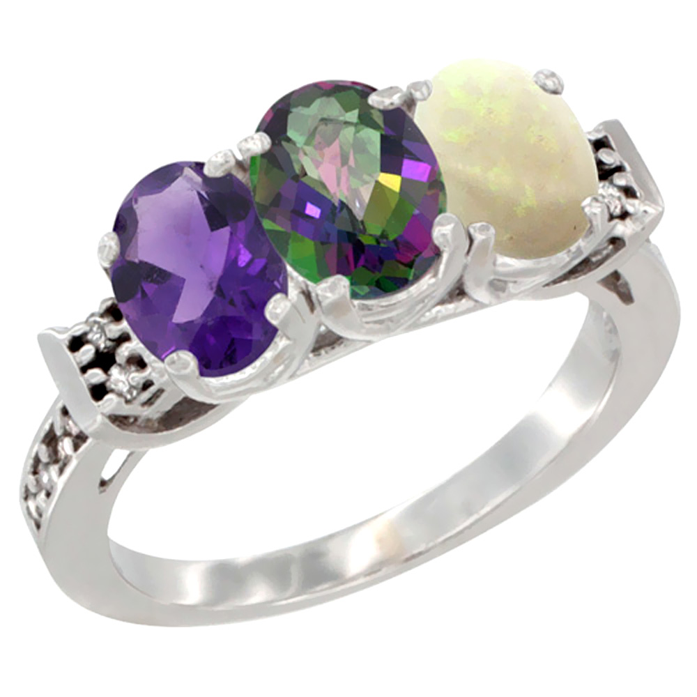 14K White Gold Natural Amethyst, Mystic Topaz & Opal Ring 3-Stone 7x5 mm Oval Diamond Accent, sizes 5 - 10