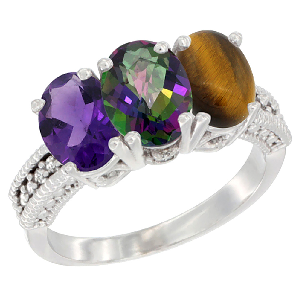 14K White Gold Natural Amethyst, Mystic Topaz & Tiger Eye Ring 3-Stone 7x5 mm Oval Diamond Accent, sizes 5 - 10