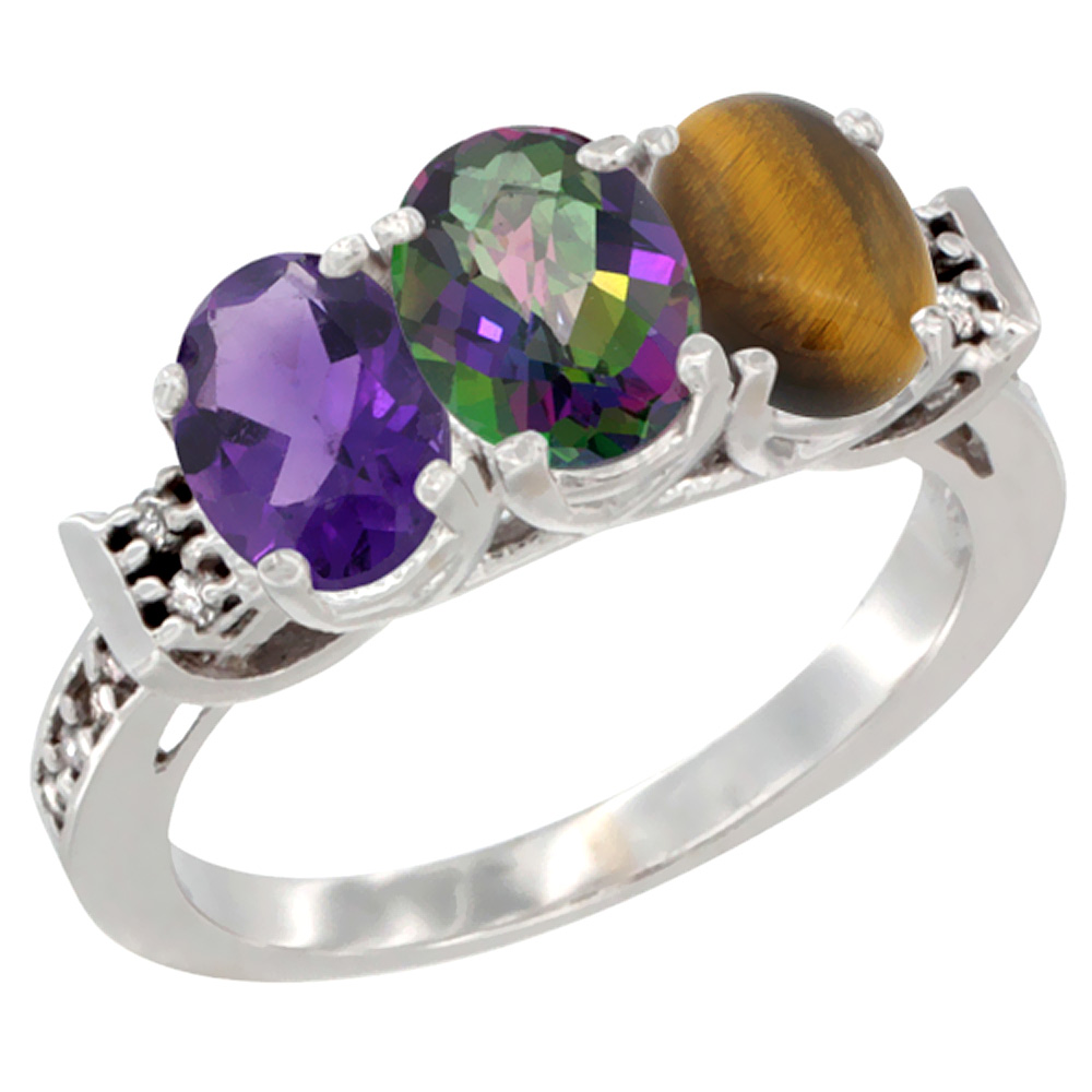 10K White Gold Natural Amethyst, Mystic Topaz & Tiger Eye Ring 3-Stone Oval 7x5 mm Diamond Accent, sizes 5 - 10