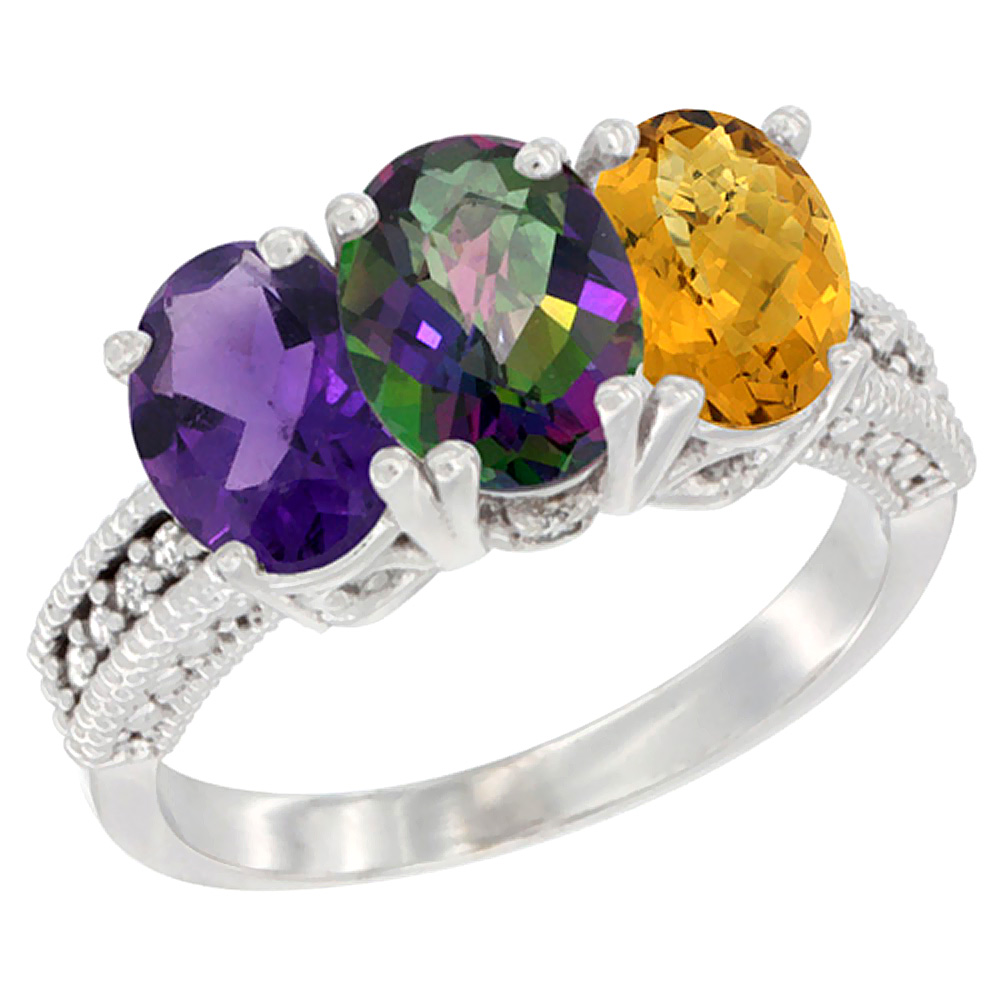 14K White Gold Natural Amethyst, Mystic Topaz &amp; Whisky Quartz Ring 3-Stone 7x5 mm Oval Diamond Accent, sizes 5 - 10