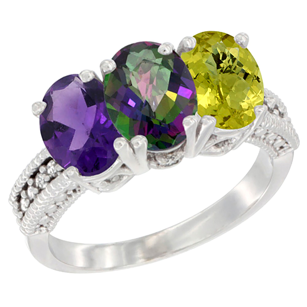 14K White Gold Natural Amethyst, Mystic Topaz & Lemon Quartz Ring 3-Stone 7x5 mm Oval Diamond Accent, sizes 5 - 10