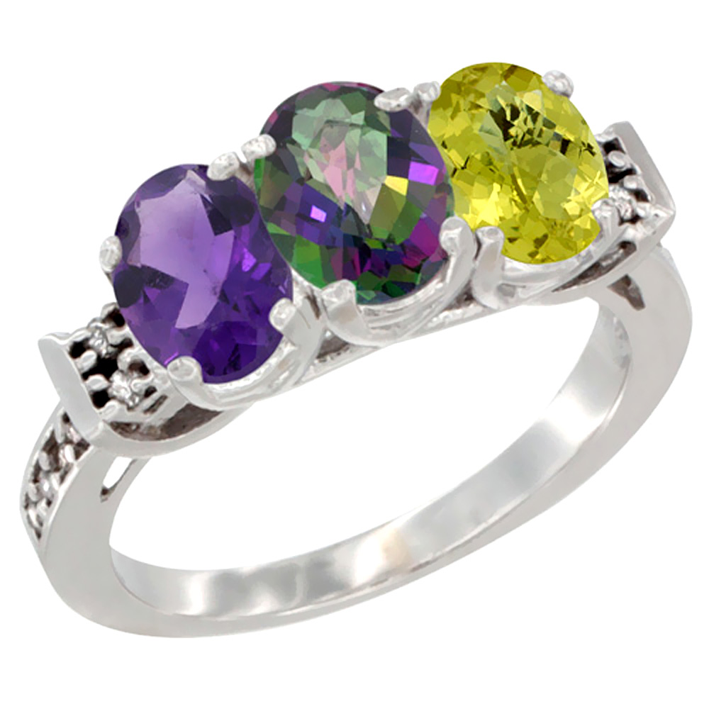 14K White Gold Natural Amethyst, Mystic Topaz & Lemon Quartz Ring 3-Stone 7x5 mm Oval Diamond Accent, sizes 5 - 10