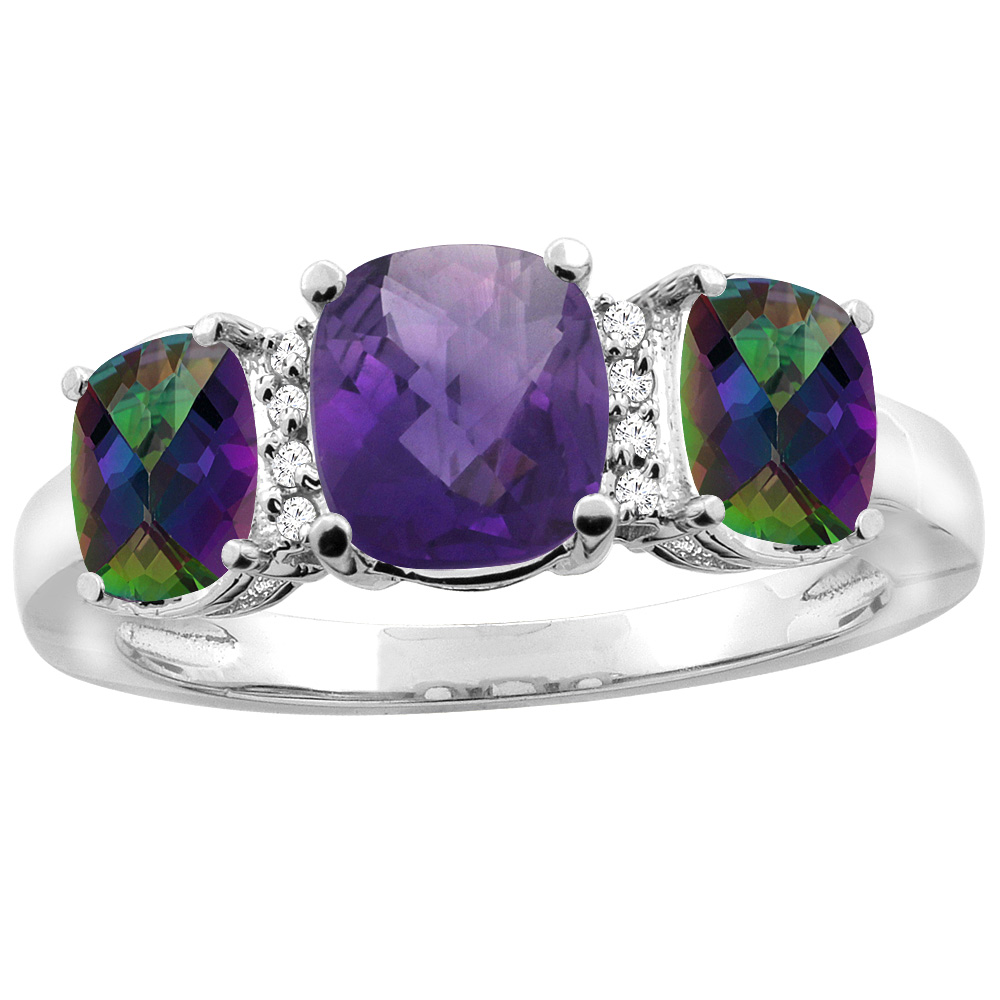 14K White Gold Natural Amethyst & Mystic Topaz 3-stone Ring Cushion 8x6mm Diamond Accent, sizes 5 - 10