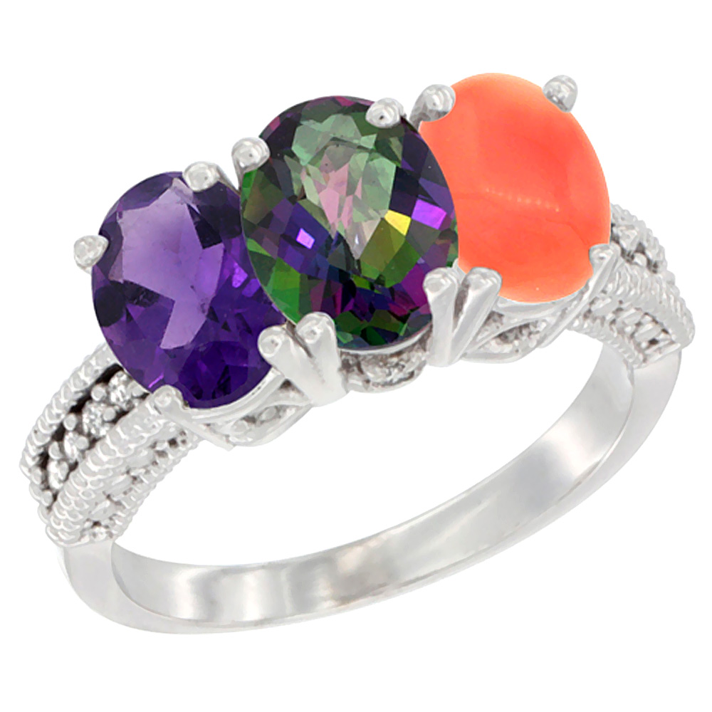 14K White Gold Natural Amethyst, Mystic Topaz & Coral Ring 3-Stone 7x5 mm Oval Diamond Accent, sizes 5 - 10