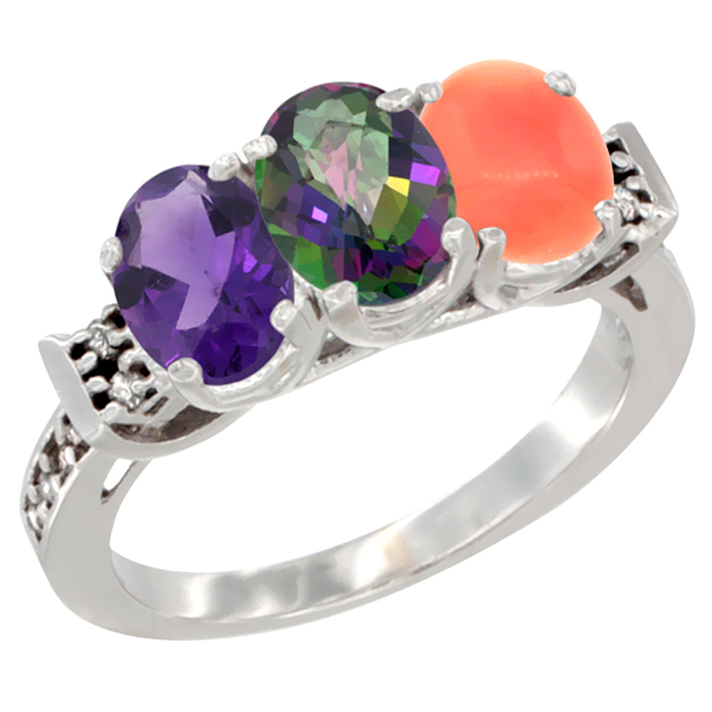 14K White Gold Natural Amethyst, Mystic Topaz & Coral Ring 3-Stone 7x5 mm Oval Diamond Accent, sizes 5 - 10