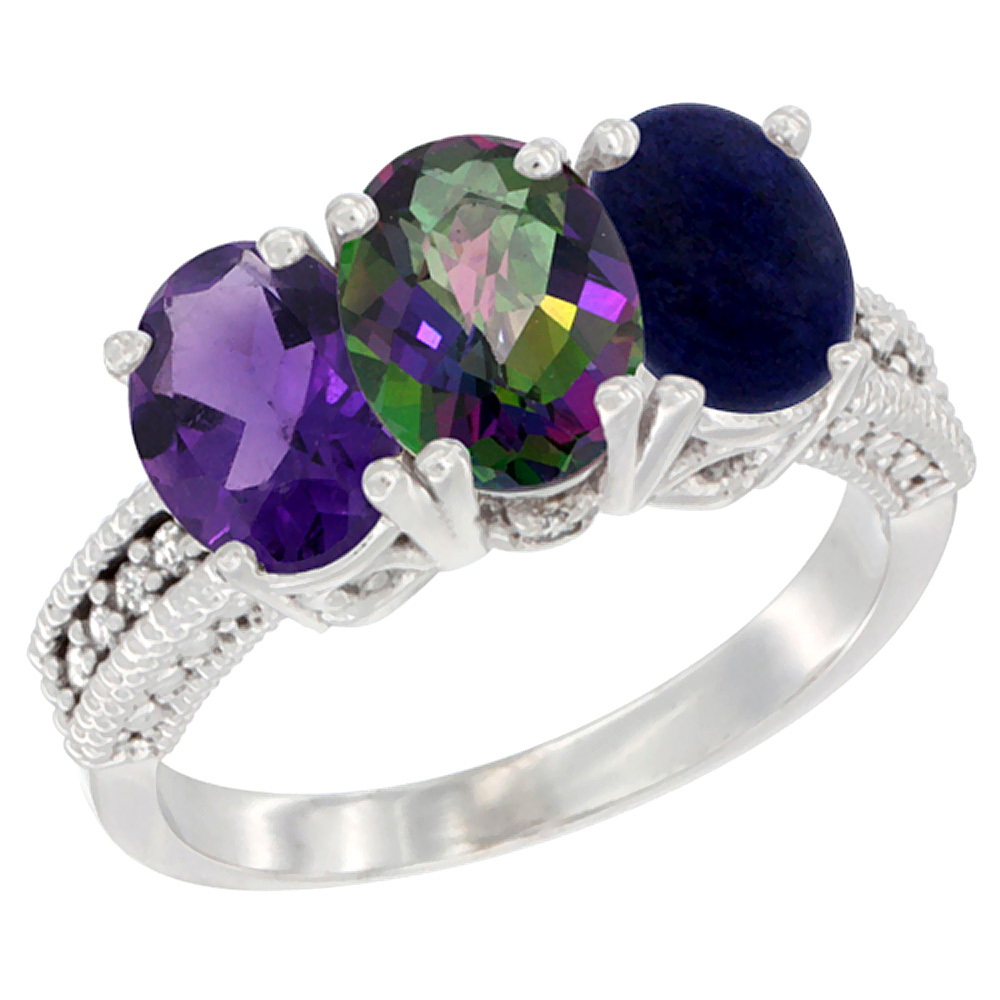 14K White Gold Natural Amethyst, Mystic Topaz & Lapis Ring 3-Stone 7x5 mm Oval Diamond Accent, sizes 5 - 10