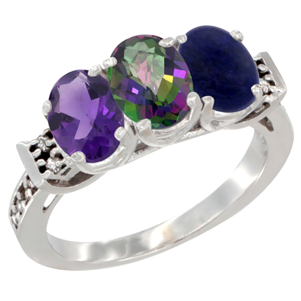 14K White Gold Natural Amethyst, Mystic Topaz & Lapis Ring 3-Stone 7x5 mm Oval Diamond Accent, sizes 5 - 10