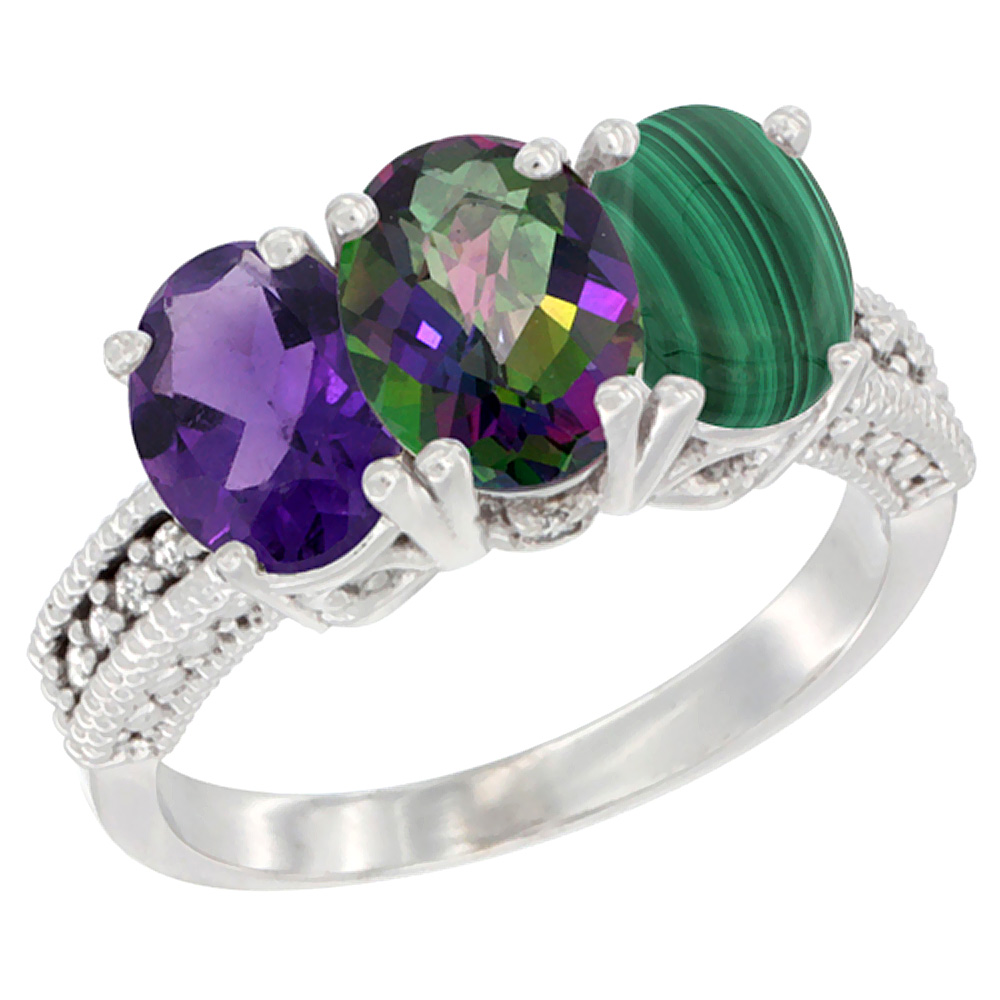 14K White Gold Natural Amethyst, Mystic Topaz & Malachite Ring 3-Stone 7x5 mm Oval Diamond Accent, sizes 5 - 10