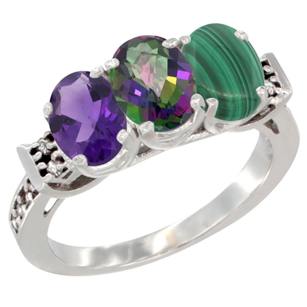 14K White Gold Natural Amethyst, Mystic Topaz & Malachite Ring 3-Stone 7x5 mm Oval Diamond Accent, sizes 5 - 10