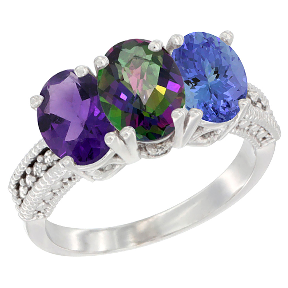 14K White Gold Natural Amethyst, Mystic Topaz & Tanzanite Ring 3-Stone 7x5 mm Oval Diamond Accent, sizes 5 - 10