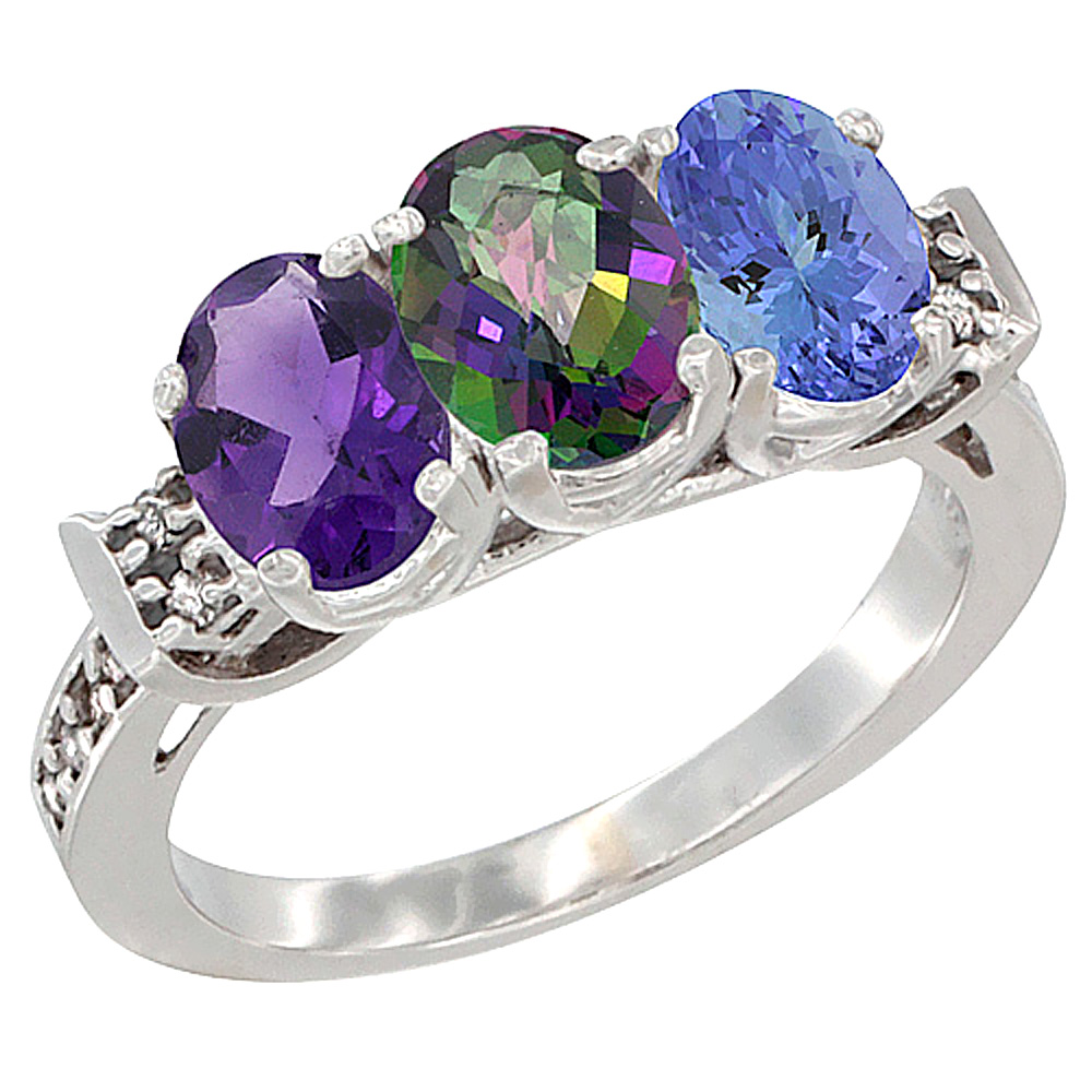 14K White Gold Natural Amethyst, Mystic Topaz & Tanzanite Ring 3-Stone 7x5 mm Oval Diamond Accent, sizes 5 - 10