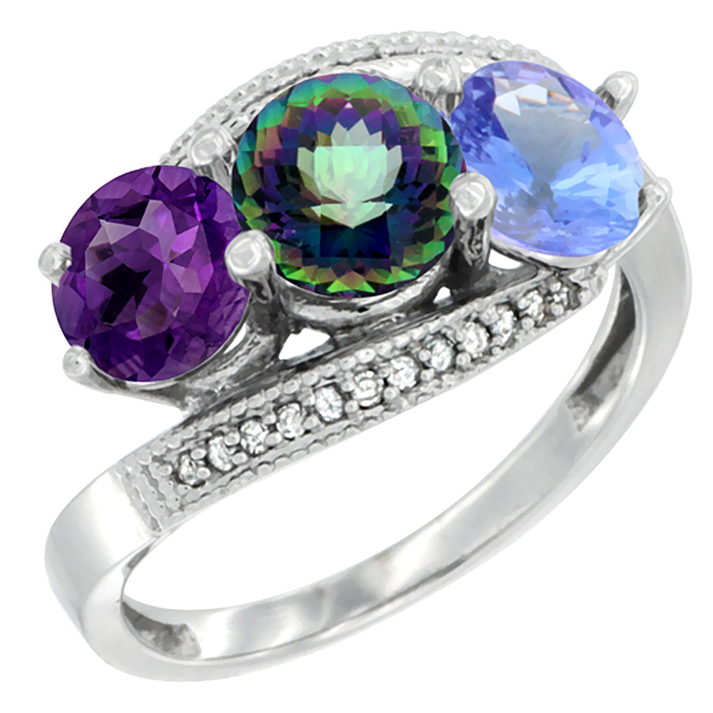 14K White Gold Natural Amethyst, Mystic Topaz & Tanzanite 3 stone Ring Round 6mm Diamond Accent, sizes 5 - 10