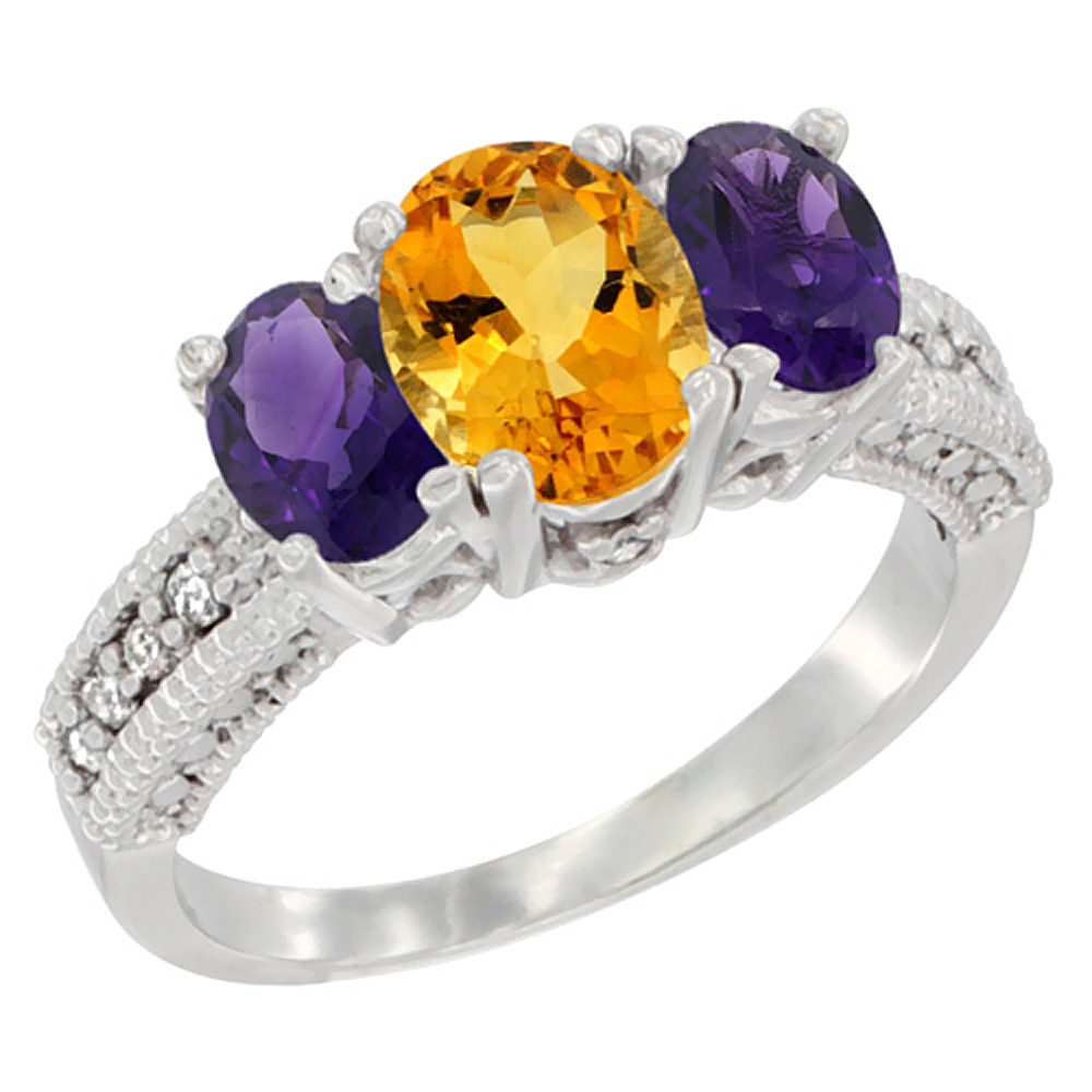 14K White Gold Diamond Natural Citrine Ring Oval 3-stone with Amethyst, sizes 5 - 10