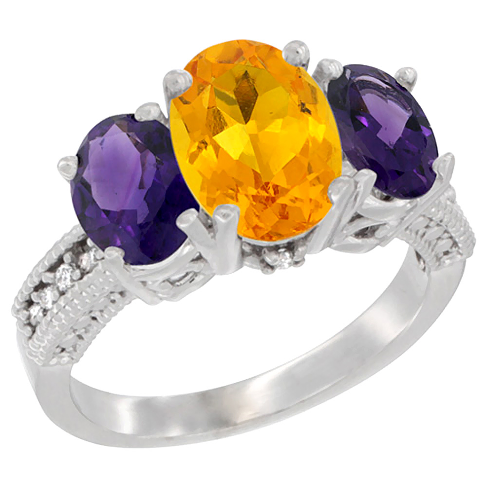 10K White Gold Diamond Natural Citrine Ring 3-Stone Oval 8x6mm with Amethyst, sizes5-10