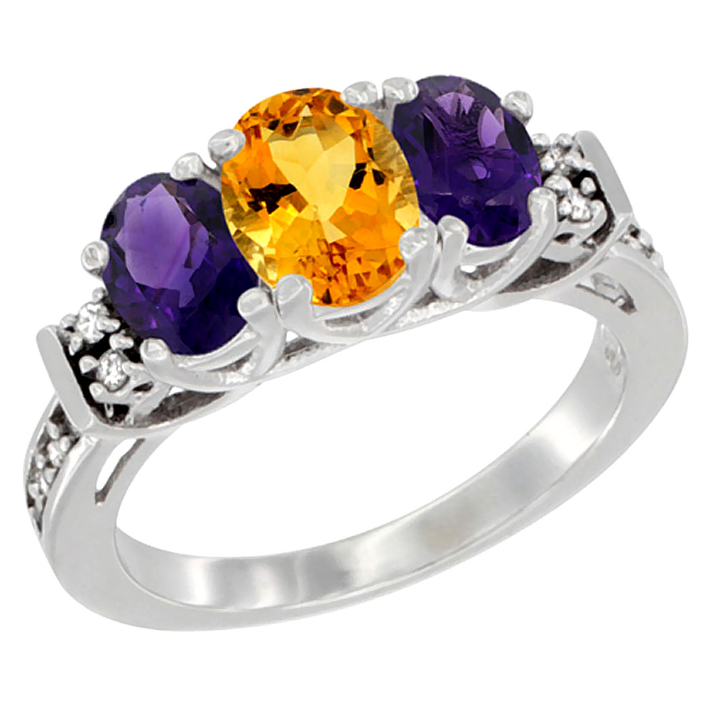 14K White Gold Natural Citrine &amp; Amethyst Ring 3-Stone Oval Diamond Accent, sizes 5-10