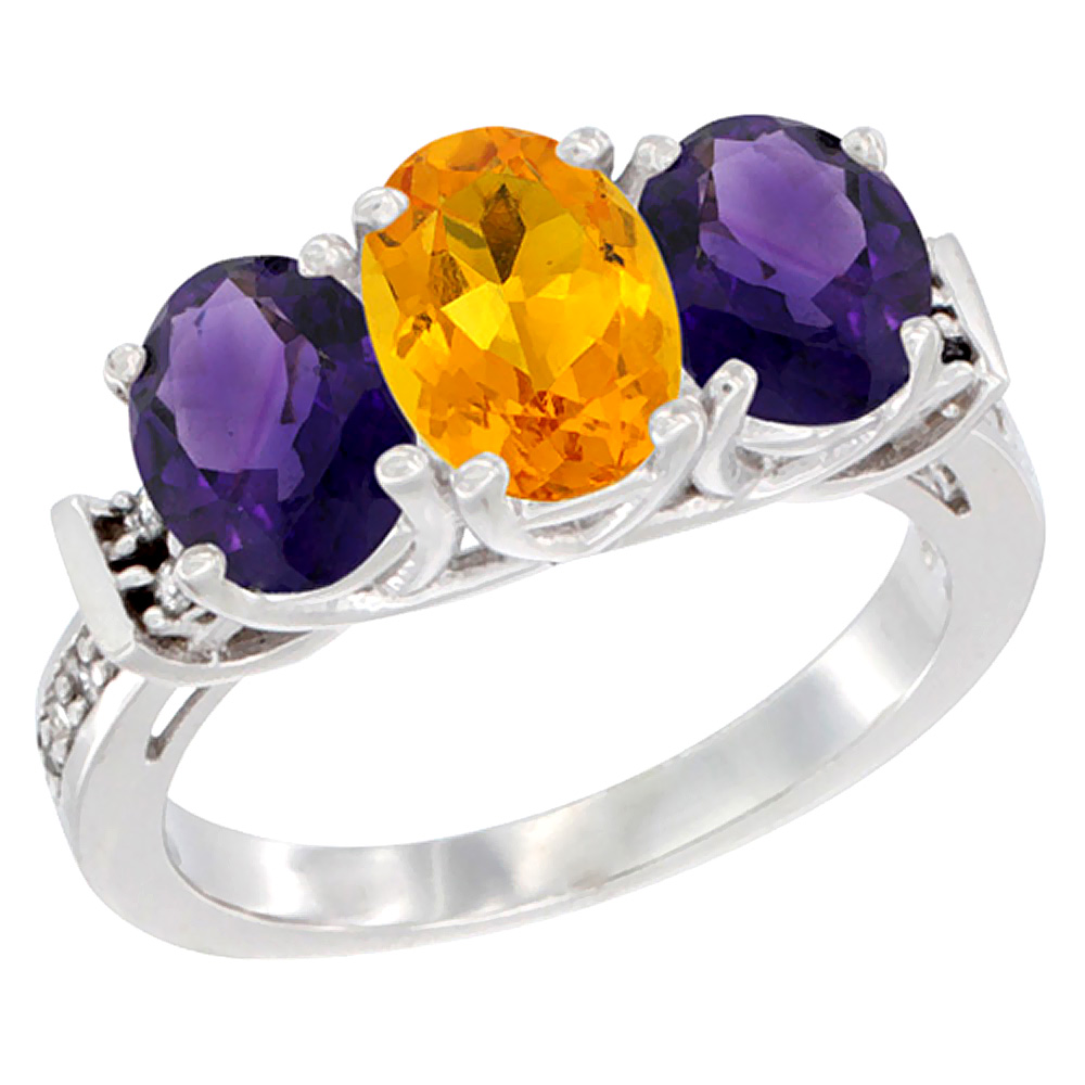 14K White Gold Natural Citrine & Amethyst Sides Ring 3-Stone Oval Diamond Accent, sizes 5 - 10