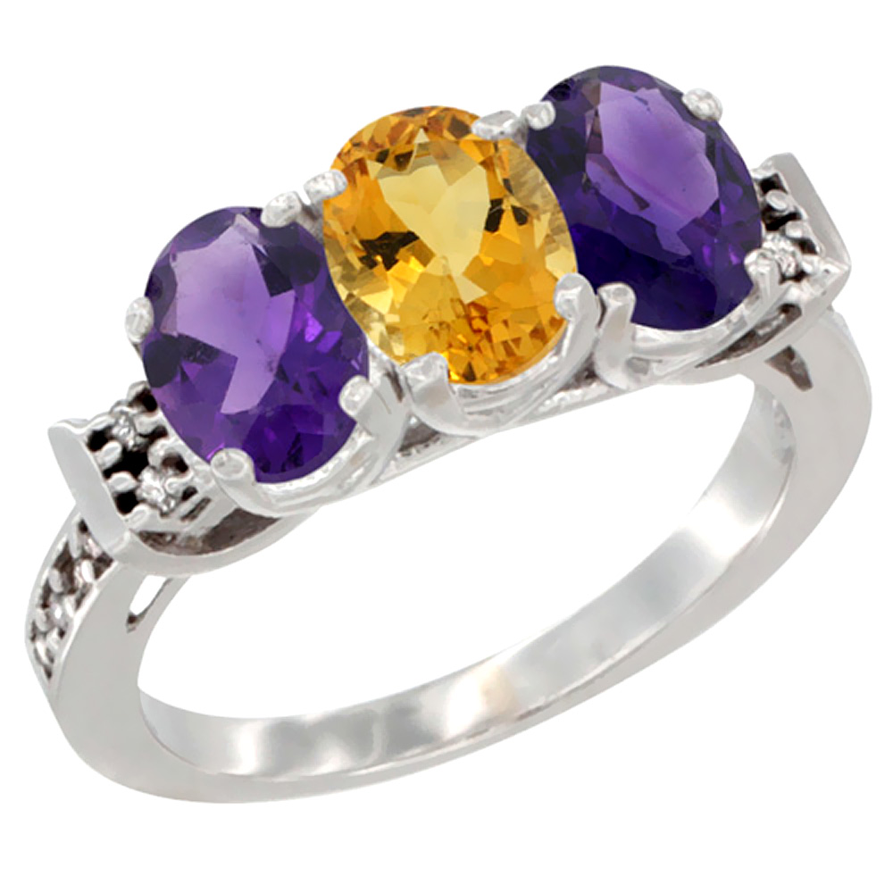 14K White Gold Natural Citrine &amp; Amethyst Sides Ring 3-Stone 7x5 mm Oval Diamond Accent, sizes 5 - 10