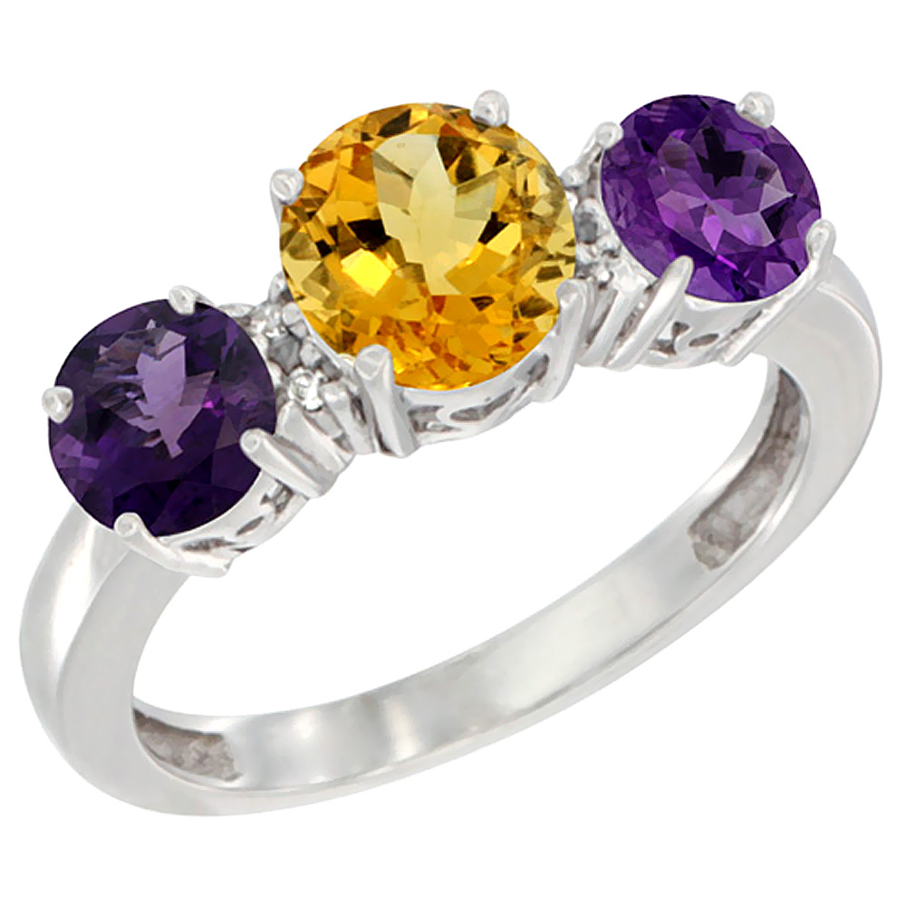 14K White Gold Round 3-Stone Natural Citrine Ring & Amethyst Sides Diamond Accent, sizes 5 - 10