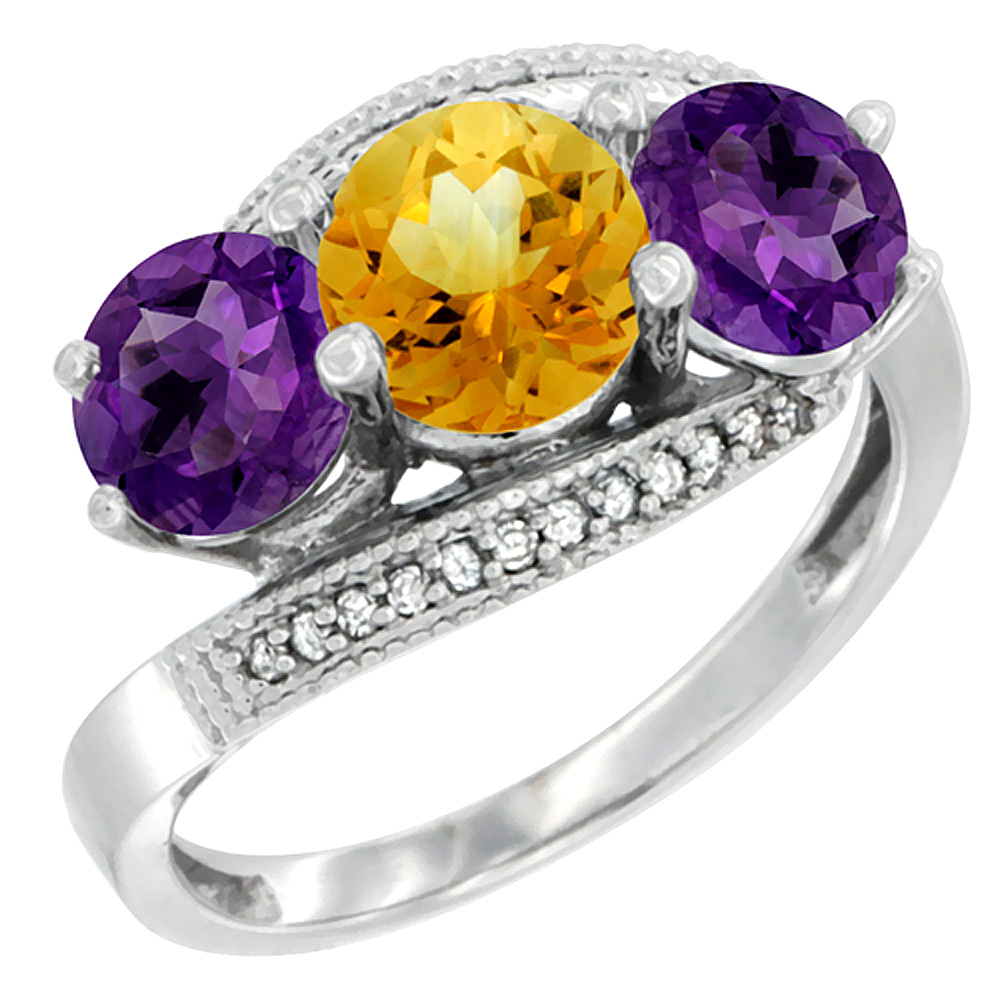 14K White Gold Natural Citrine &amp; Amethyst Sides 3 stone Ring Round 6mm Diamond Accent, sizes 5 - 10