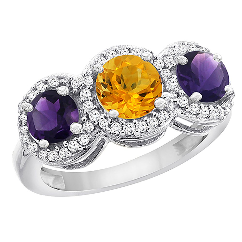 14K White Gold Natural Citrine & Amethyst Sides Round 3-stone Ring Diamond Accents, sizes 5 - 10