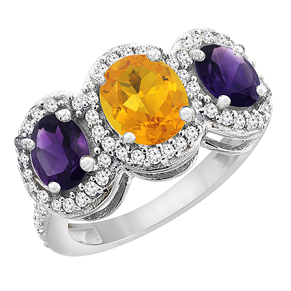 10K White Gold Natural Citrine & Amethyst 3-Stone Ring Oval Diamond Accent, sizes 5 - 10