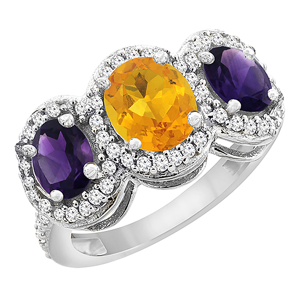 14K White Gold Natural Citrine &amp; Amethyst 3-Stone Ring Oval Diamond Accent, sizes 5 - 10