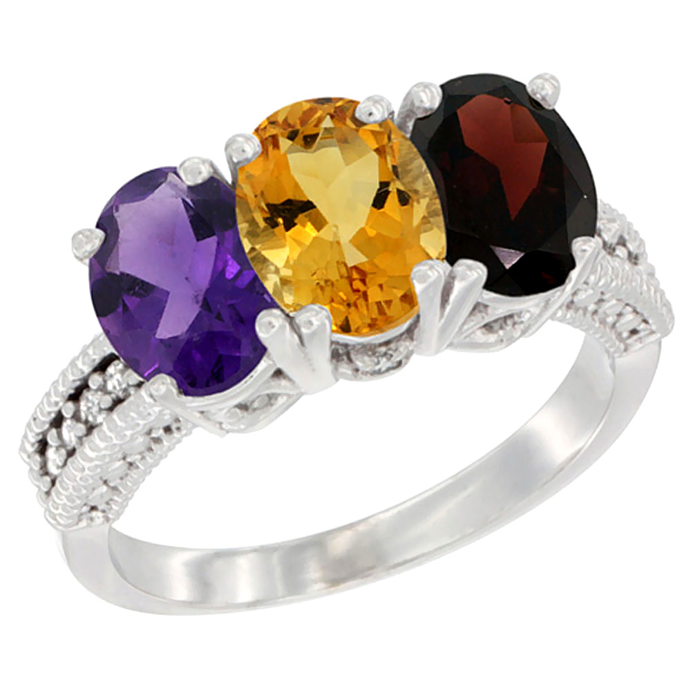 14K White Gold Natural Amethyst, Citrine & Garnet Ring 3-Stone 7x5 mm Oval Diamond Accent, sizes 5 - 10