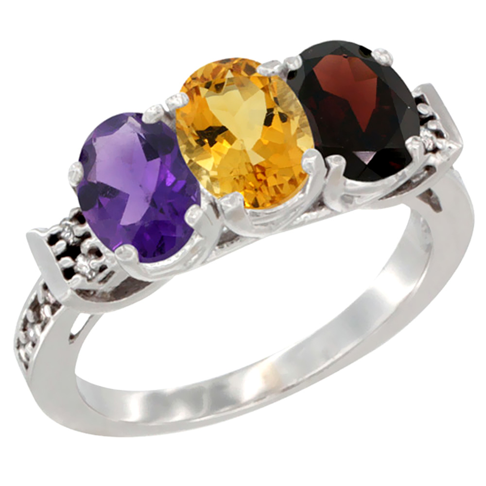 14K White Gold Natural Amethyst, Citrine &amp; Garnet Ring 3-Stone 7x5 mm Oval Diamond Accent, sizes 5 - 10