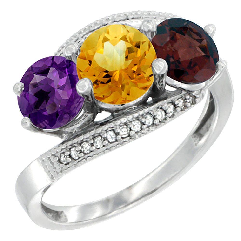 10K White Gold Natural Amethyst, Citrine &amp; Garnet 3 stone Ring Round 6mm Diamond Accent, sizes 5 - 10