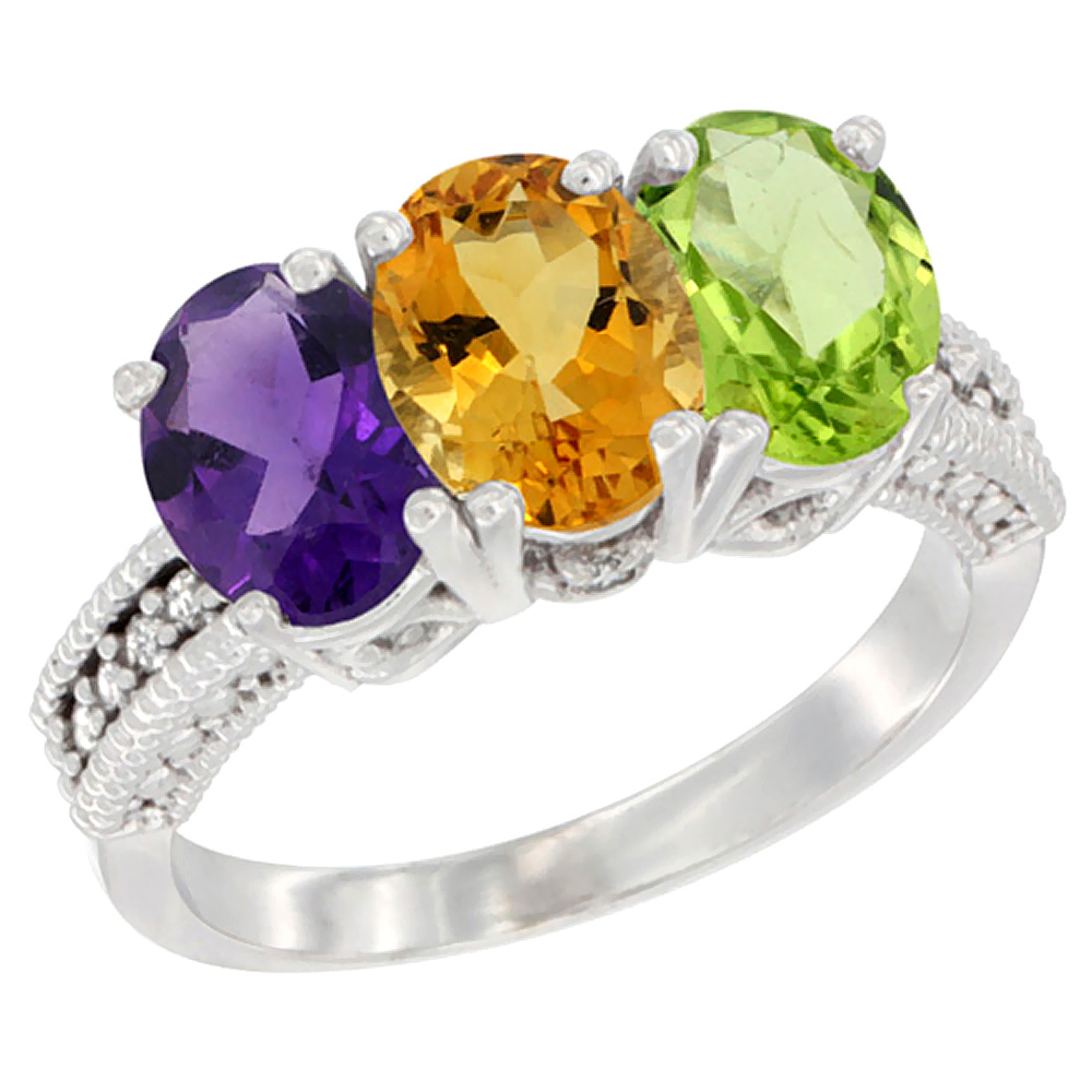 14K White Gold Natural Amethyst, Citrine & Peridot Ring 3-Stone 7x5 mm Oval Diamond Accent, sizes 5 - 10