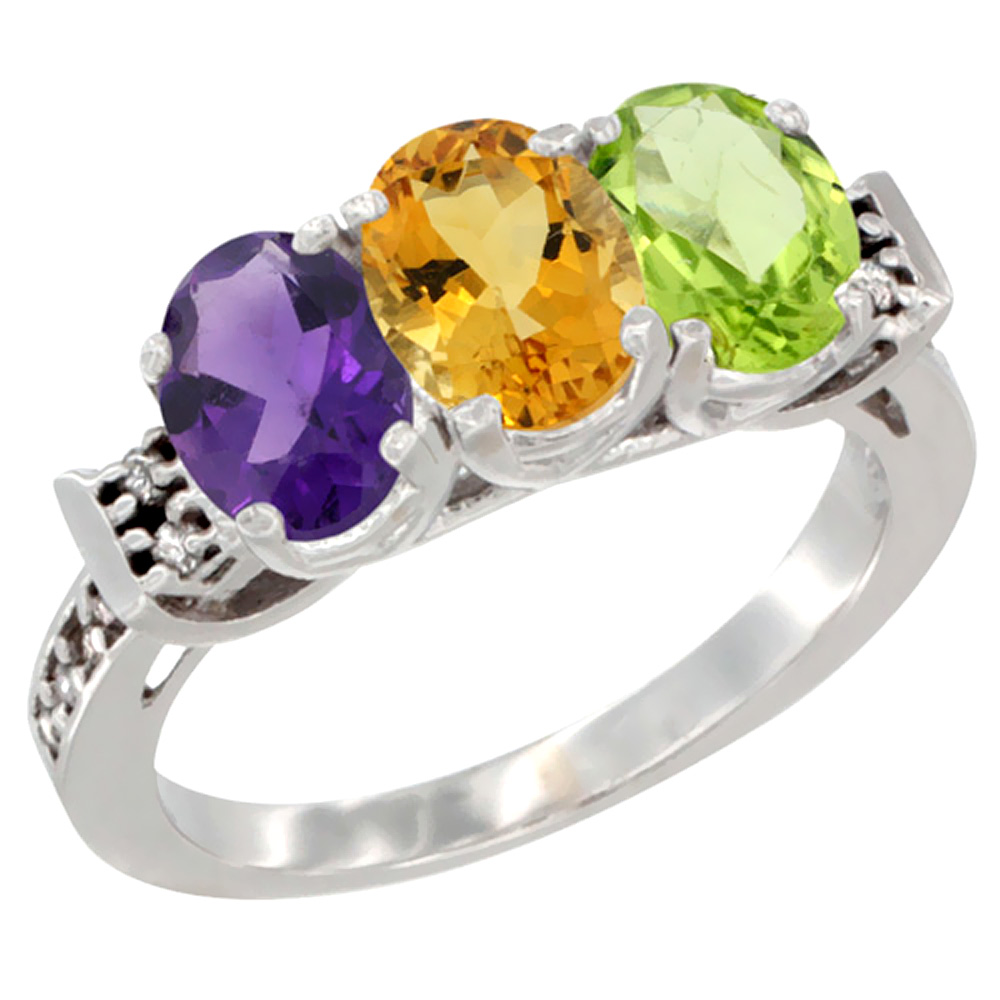 14K White Gold Natural Amethyst, Citrine &amp; Peridot Ring 3-Stone 7x5 mm Oval Diamond Accent, sizes 5 - 10