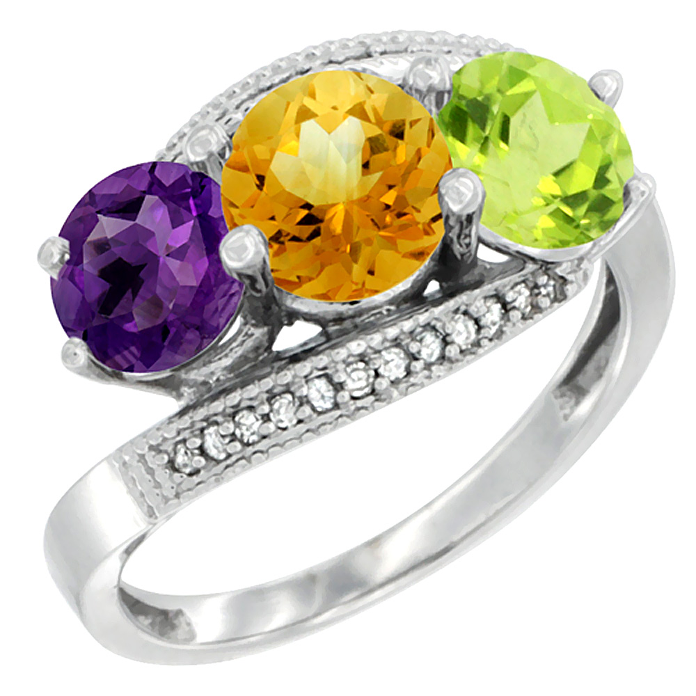 10K White Gold Natural Amethyst, Citrine & Peridot 3 stone Ring Round 6mm Diamond Accent, sizes 5 - 10