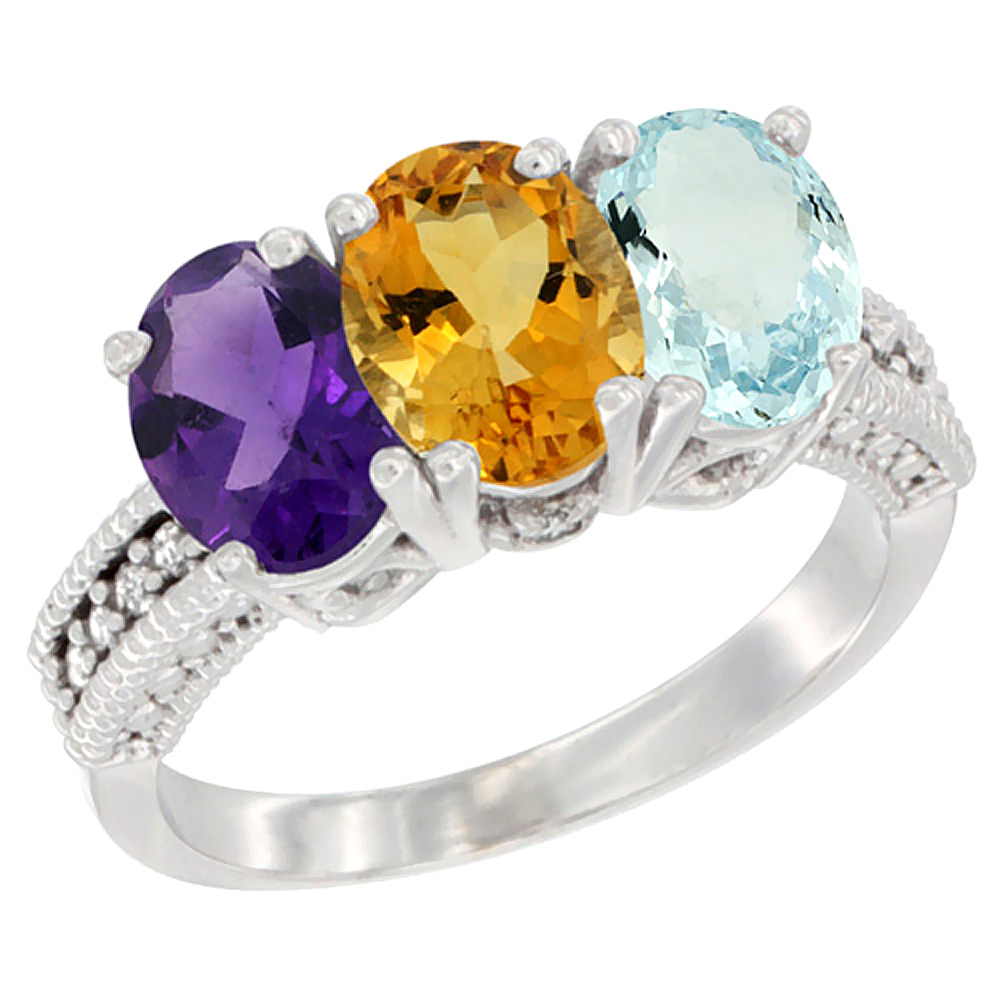 14K White Gold Natural Amethyst, Citrine &amp; Aquamarine Ring 3-Stone 7x5 mm Oval Diamond Accent, sizes 5 - 10