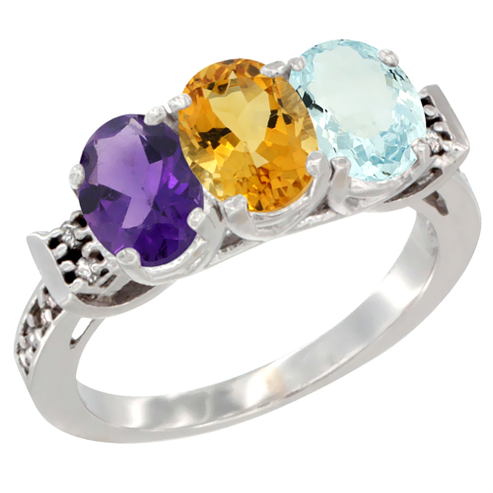 10K White Gold Natural Amethyst, Citrine &amp; Aquamarine Ring 3-Stone Oval 7x5 mm Diamond Accent, sizes 5 - 10