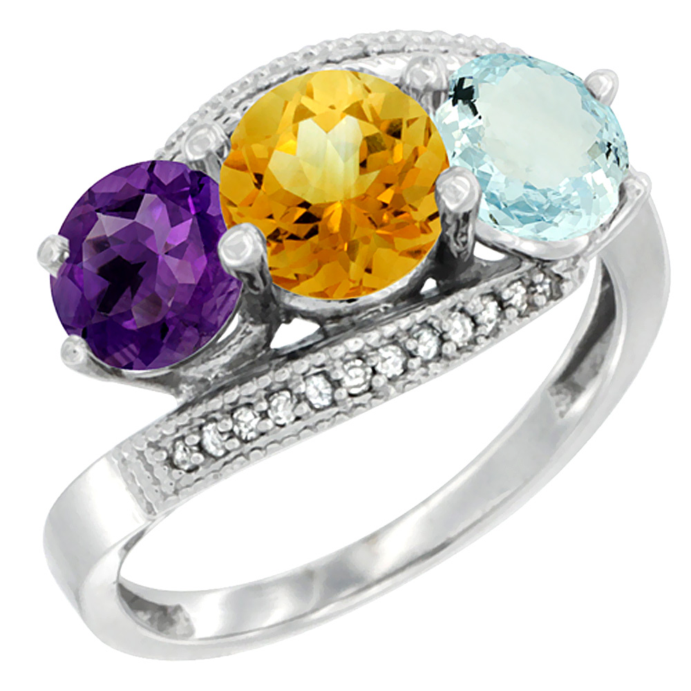 10K White Gold Natural Amethyst, Citrine & Aquamarine 3 stone Ring Round 6mm Diamond Accent, sizes 5 - 10