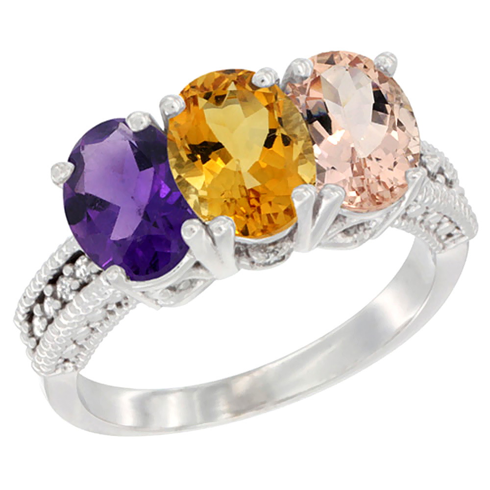 10K White Gold Natural Amethyst, Citrine &amp; Morganite Ring 3-Stone Oval 7x5 mm Diamond Accent, sizes 5 - 10