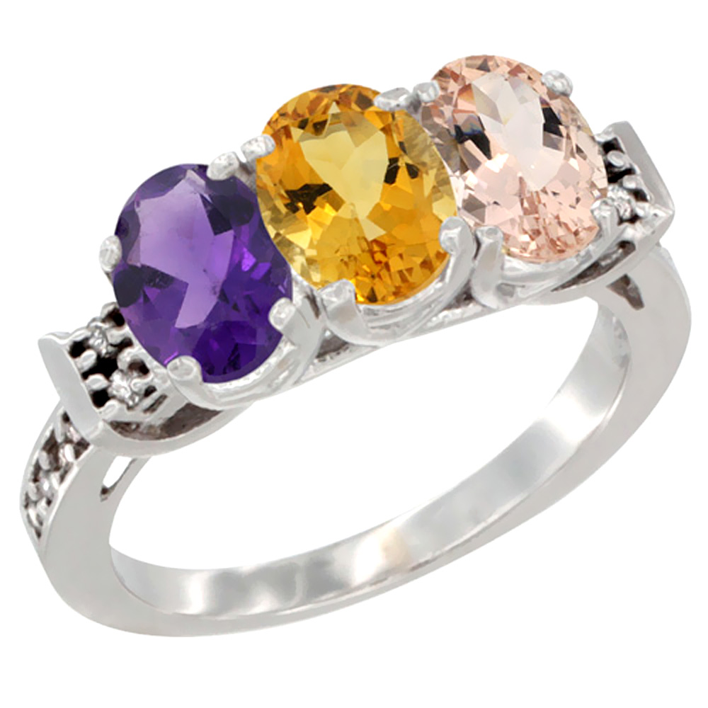 14K White Gold Natural Amethyst, Citrine &amp; Morganite Ring 3-Stone 7x5 mm Oval Diamond Accent, sizes 5 - 10