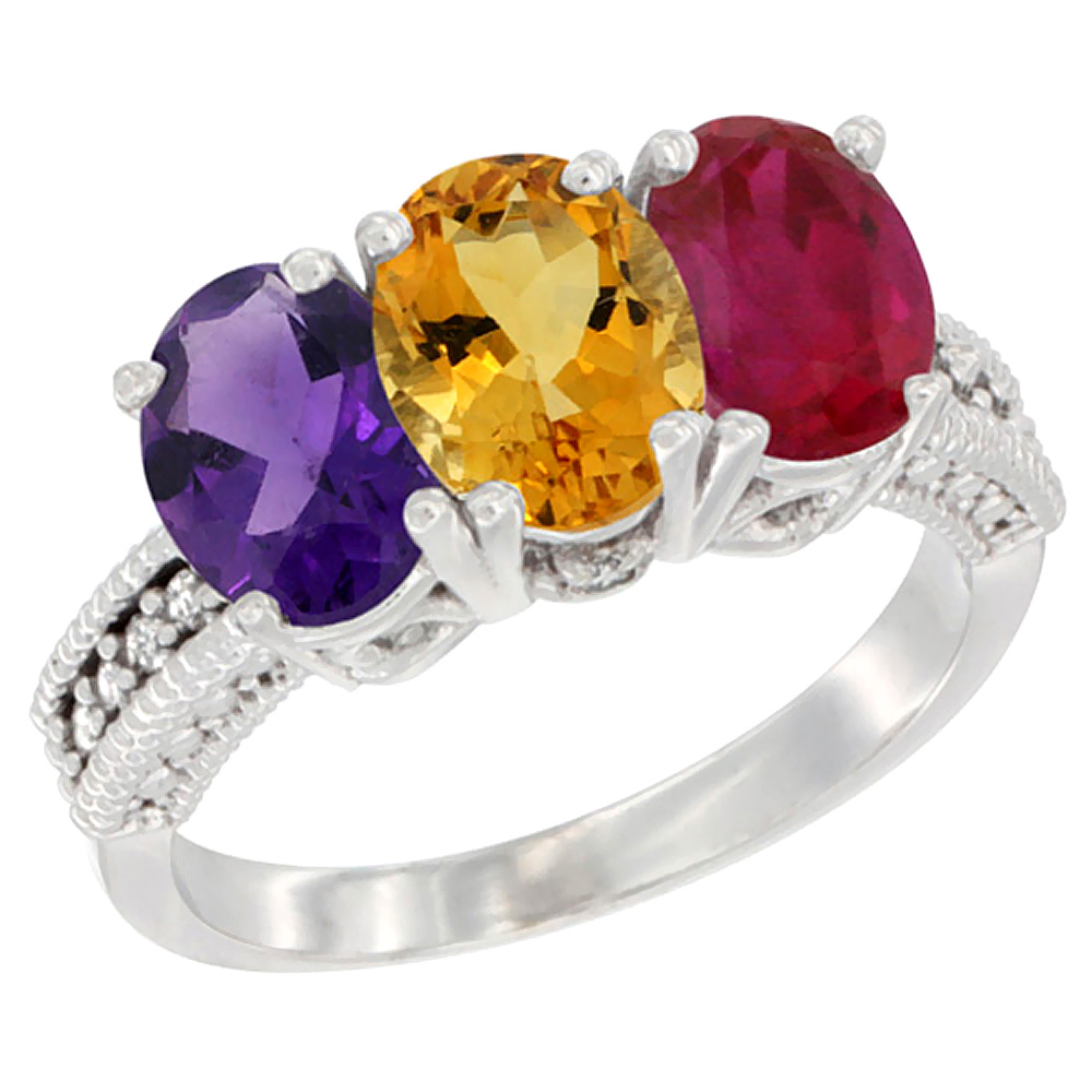 14K White Gold Natural Amethyst, Citrine &amp; Enhanced Ruby Ring 3-Stone 7x5 mm Oval Diamond Accent, sizes 5 - 10