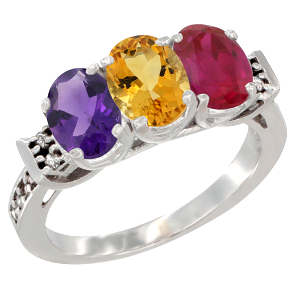 10K White Gold Natural Amethyst, Citrine &amp; Enhanced Ruby Ring 3-Stone Oval 7x5 mm Diamond Accent, sizes 5 - 10