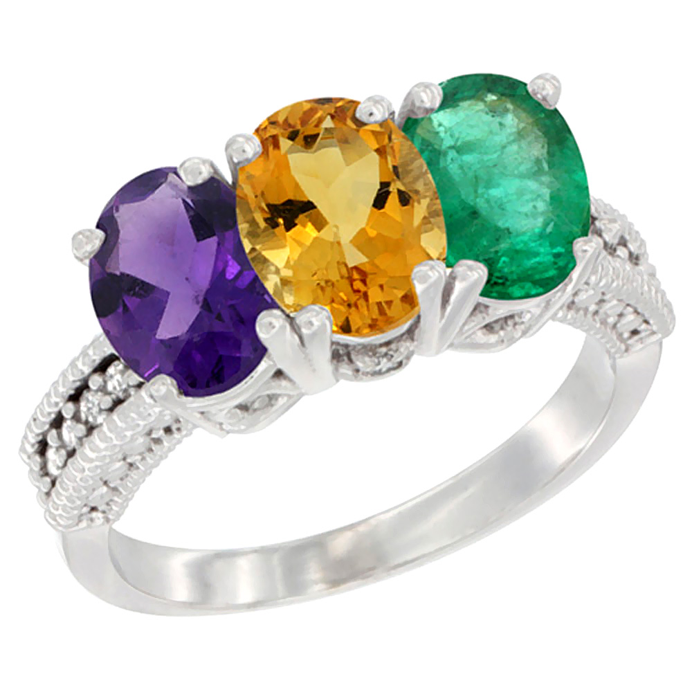 14K White Gold Natural Amethyst, Citrine & Emerald Ring 3-Stone 7x5 mm Oval Diamond Accent, sizes 5 - 10
