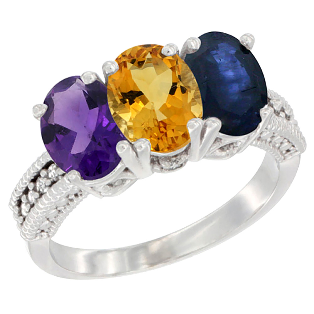 10K White Gold Natural Amethyst, Citrine & Blue Sapphire Ring 3-Stone Oval 7x5 mm Diamond Accent, sizes 5 - 10