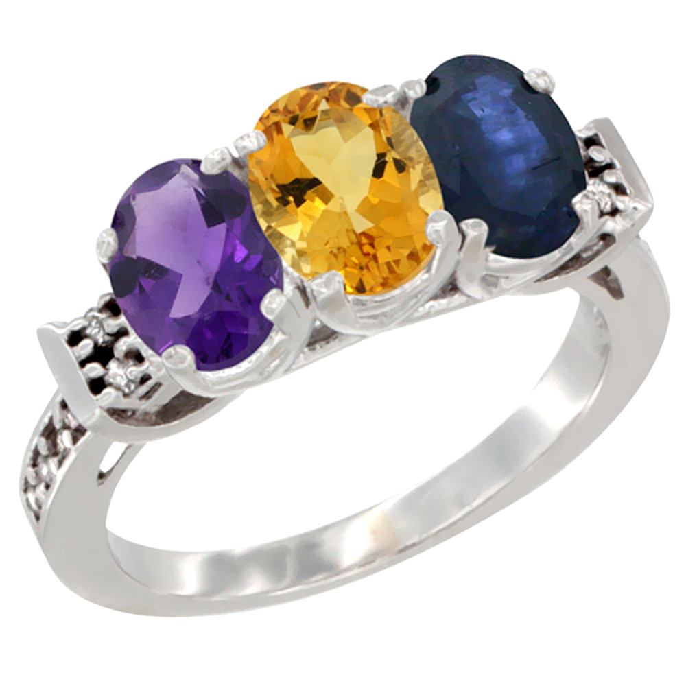 14K White Gold Natural Amethyst, Citrine & Blue Sapphire Ring 3-Stone 7x5 mm Oval Diamond Accent, sizes 5 - 10