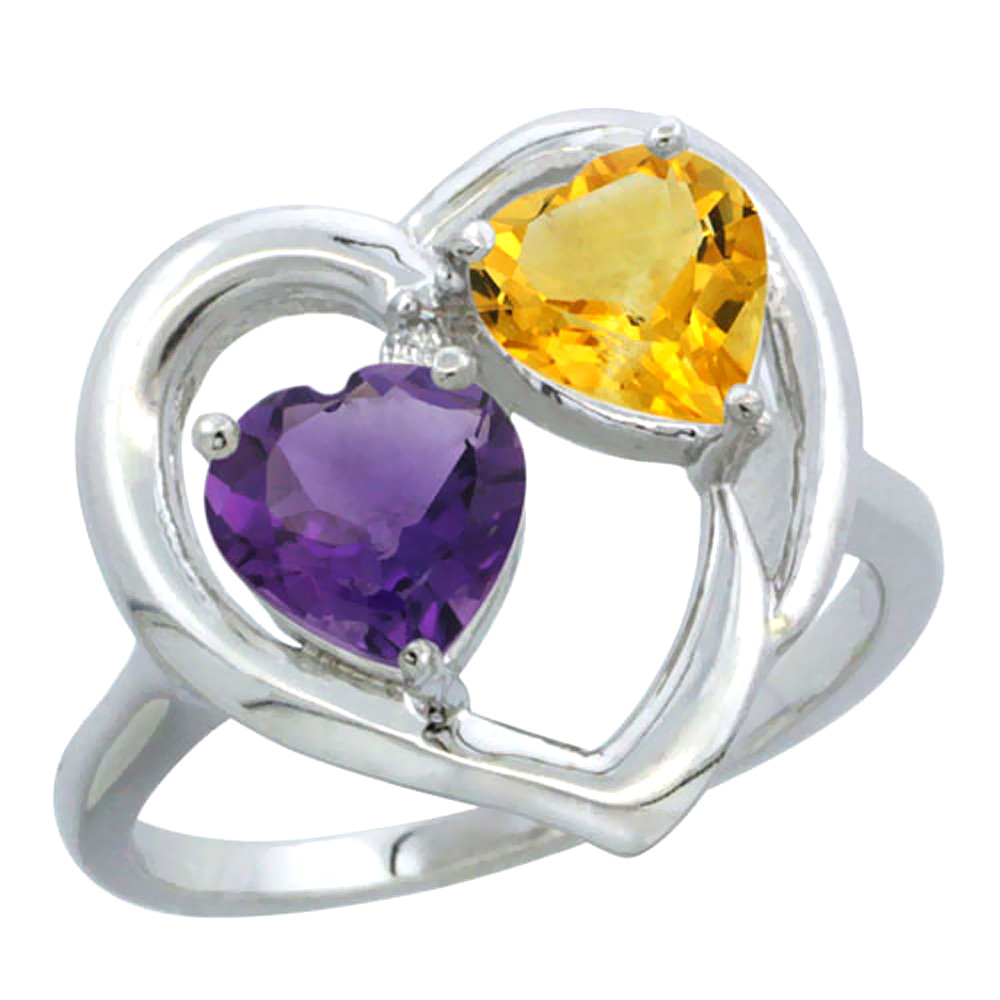 14K White Gold Diamond Two-stone Heart Ring 6mm Natural Amethyst & Citrine, sizes 5-10