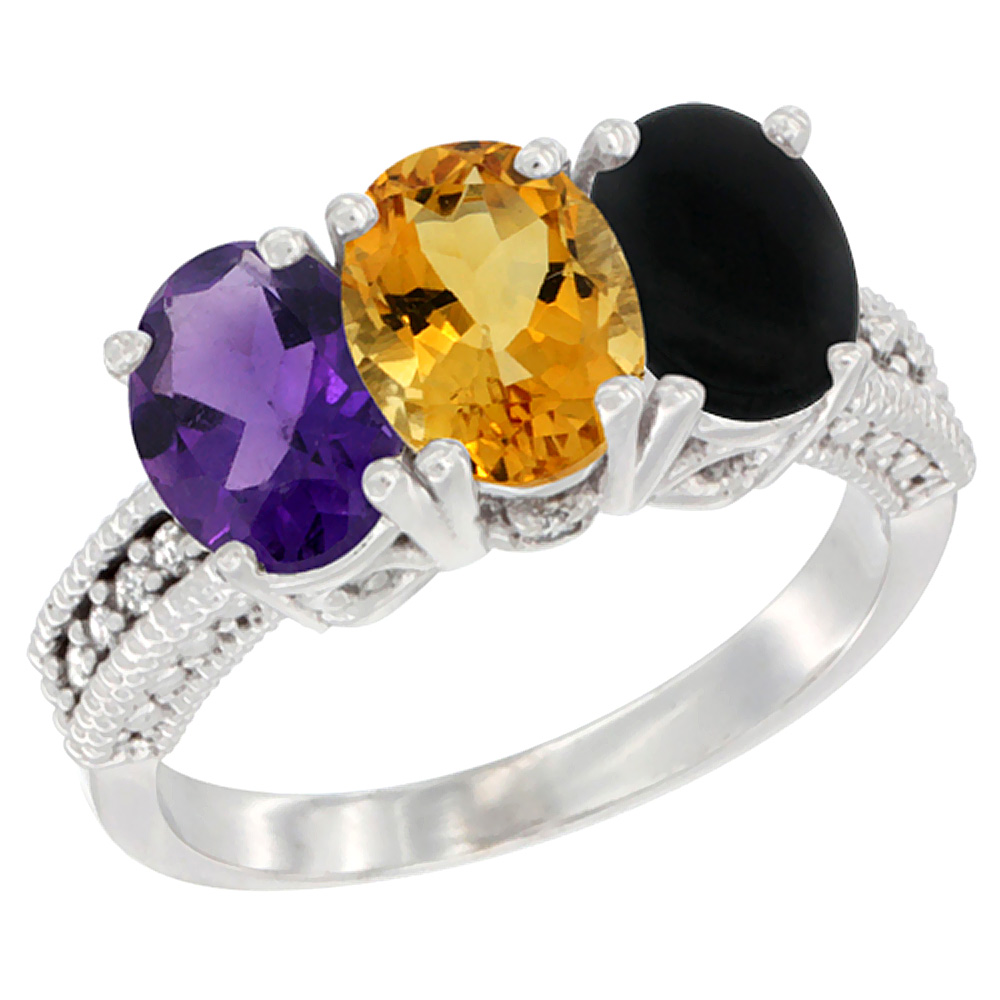 14K White Gold Natural Amethyst, Citrine & Black Onyx Ring 3-Stone 7x5 mm Oval Diamond Accent, sizes 5 - 10