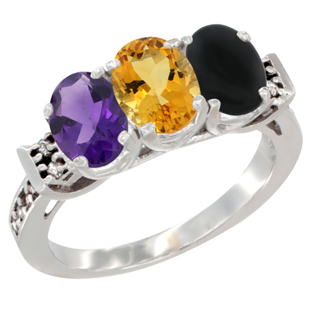 14K White Gold Natural Amethyst, Citrine & Black Onyx Ring 3-Stone 7x5 mm Oval Diamond Accent, sizes 5 - 10