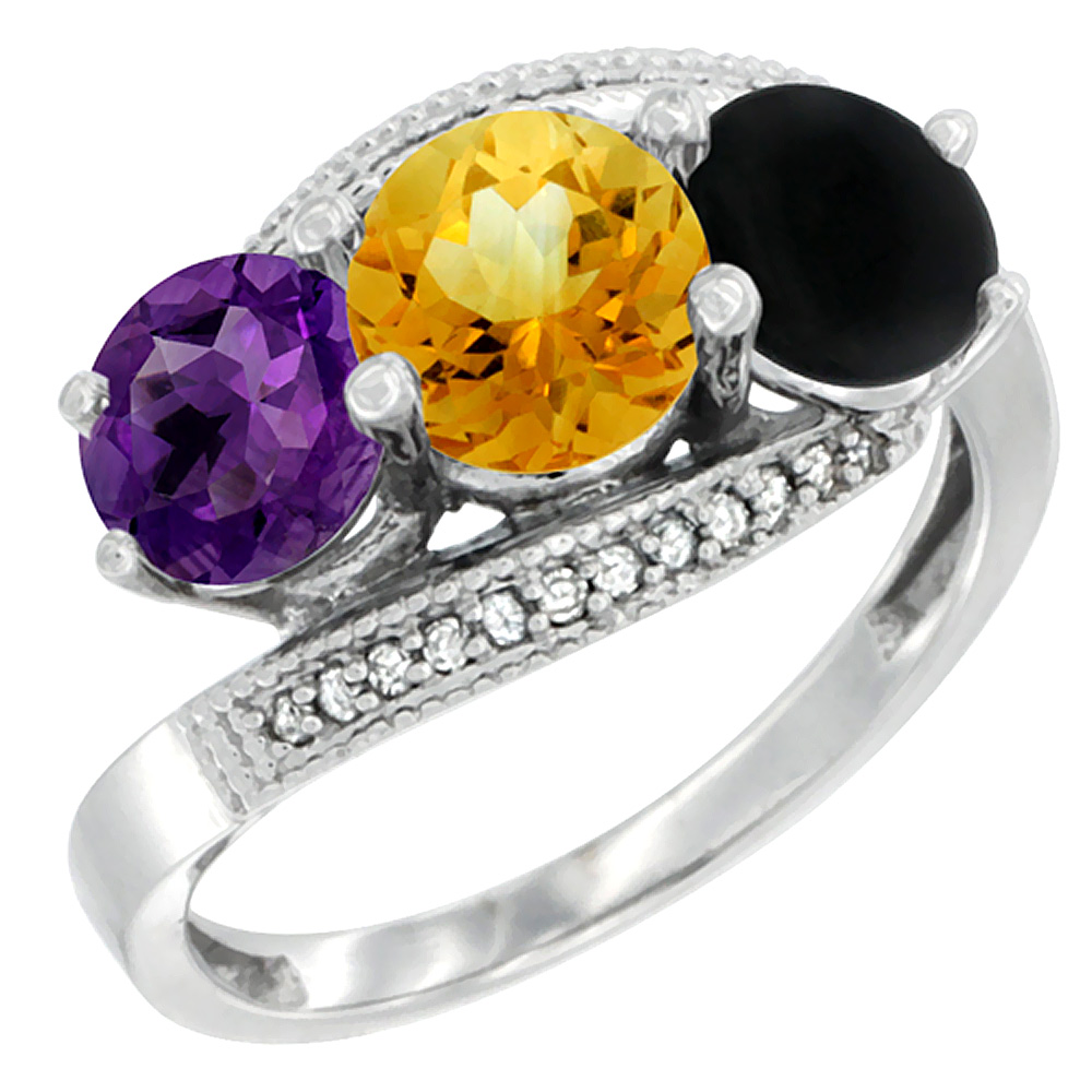 10K White Gold Natural Amethyst, Citrine & Black Onyx 3 stone Ring Round 6mm Diamond Accent, sizes 5 - 10