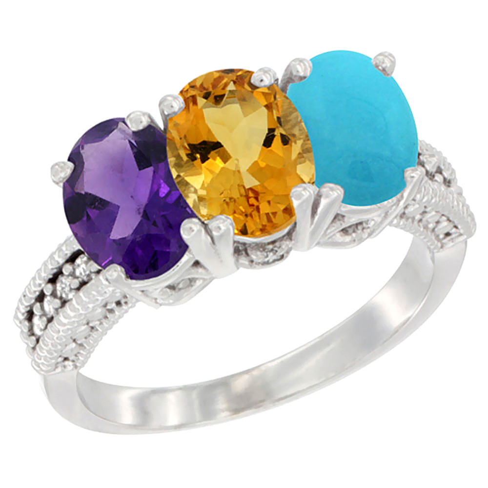 10K White Gold Natural Amethyst, Citrine &amp; Turquoise Ring 3-Stone Oval 7x5 mm Diamond Accent, sizes 5 - 10