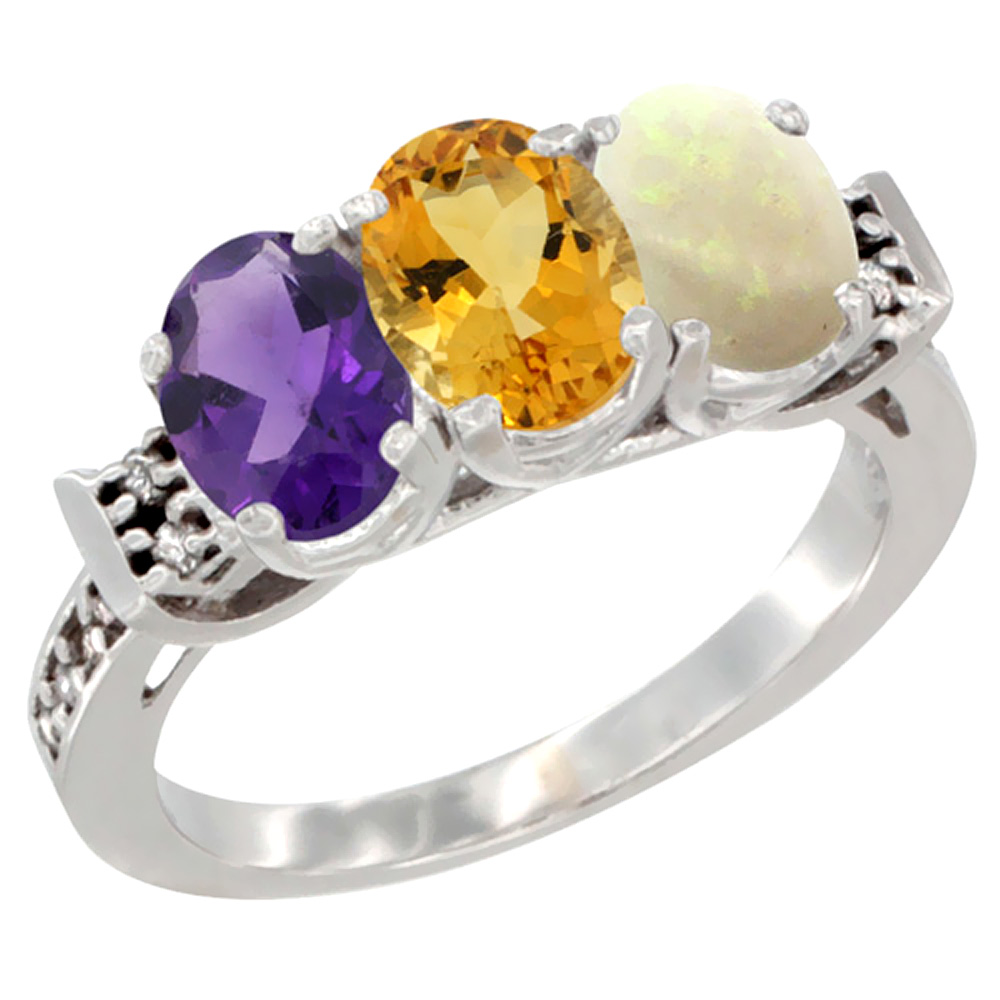 14K White Gold Natural Amethyst, Citrine &amp; Opal Ring 3-Stone 7x5 mm Oval Diamond Accent, sizes 5 - 10