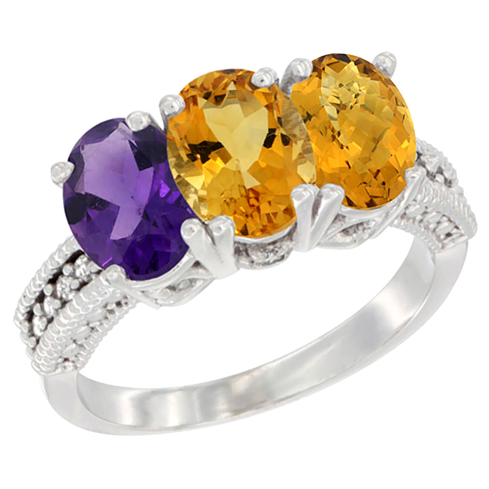 14K White Gold Natural Amethyst, Citrine & Whisky Quartz Ring 3-Stone 7x5 mm Oval Diamond Accent, sizes 5 - 10